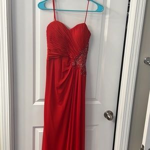 Red strapless floor length cocktail dress